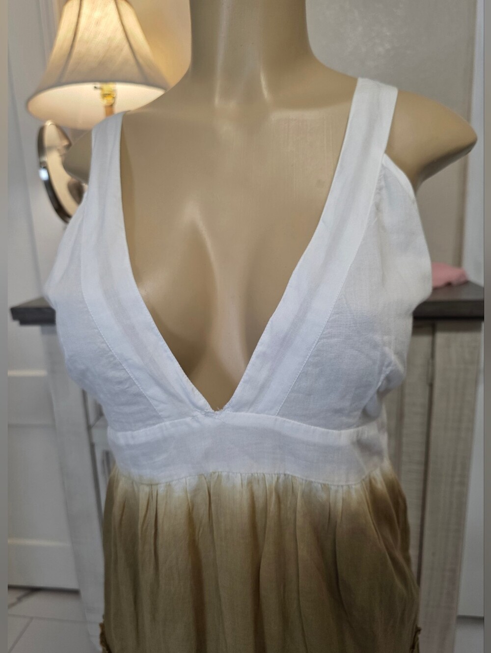 AREA Colorblock V-Neck Maxi Dress in White, Taupe & Coral - Picture 5 of 6